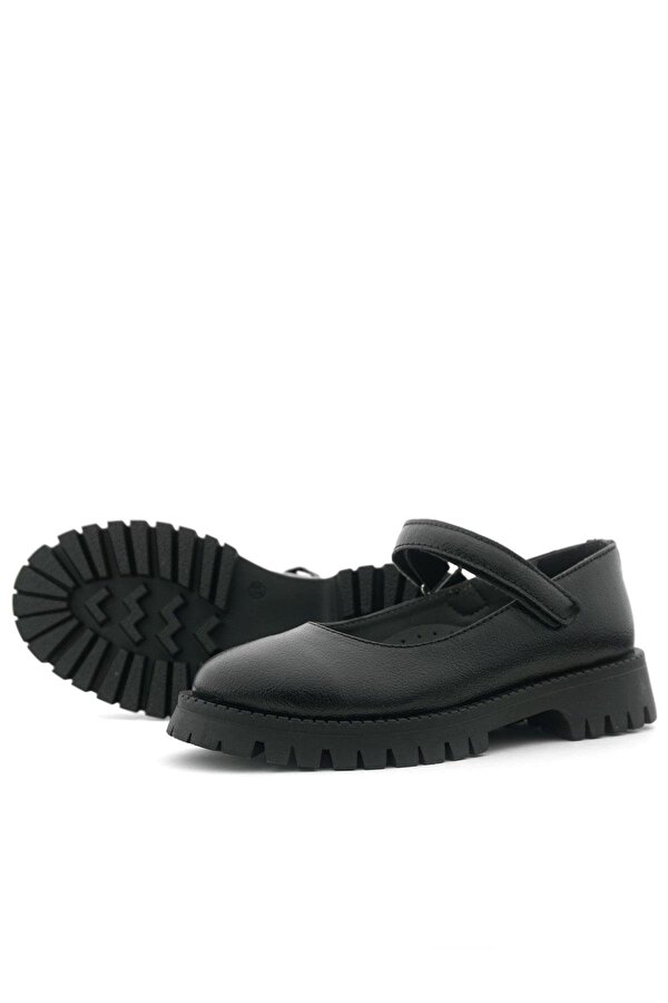 Rakerplus Siyah Kırışık Rugan Cırtlı Kalın Tabanlı Kız Çocuk Okul Ayakkabısı