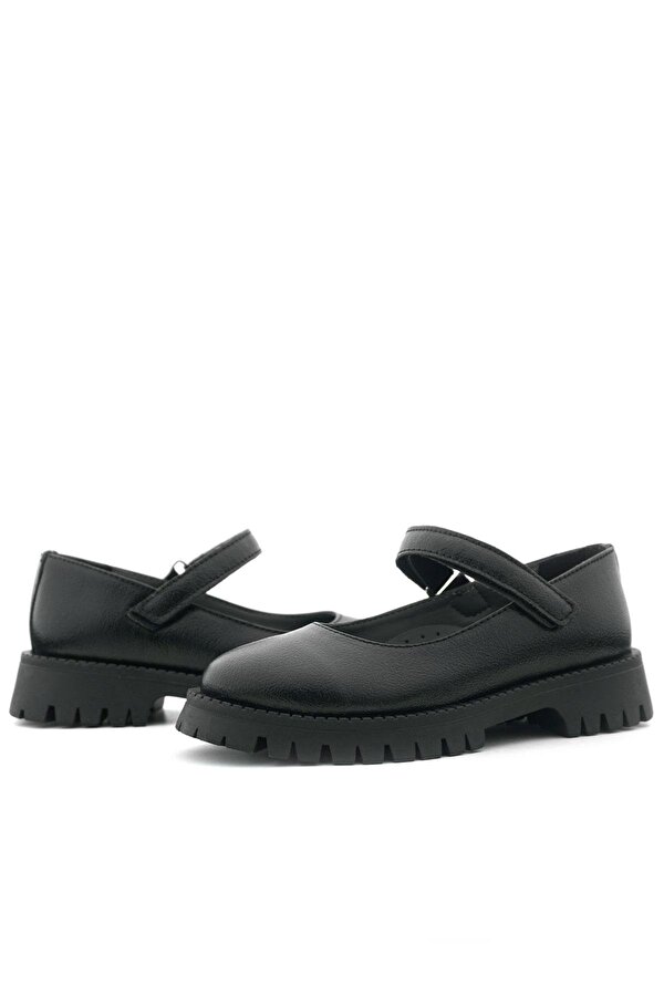 Rakerplus Siyah Kırışık Rugan Cırtlı Kalın Tabanlı Kız Çocuk Okul Ayakkabısı
