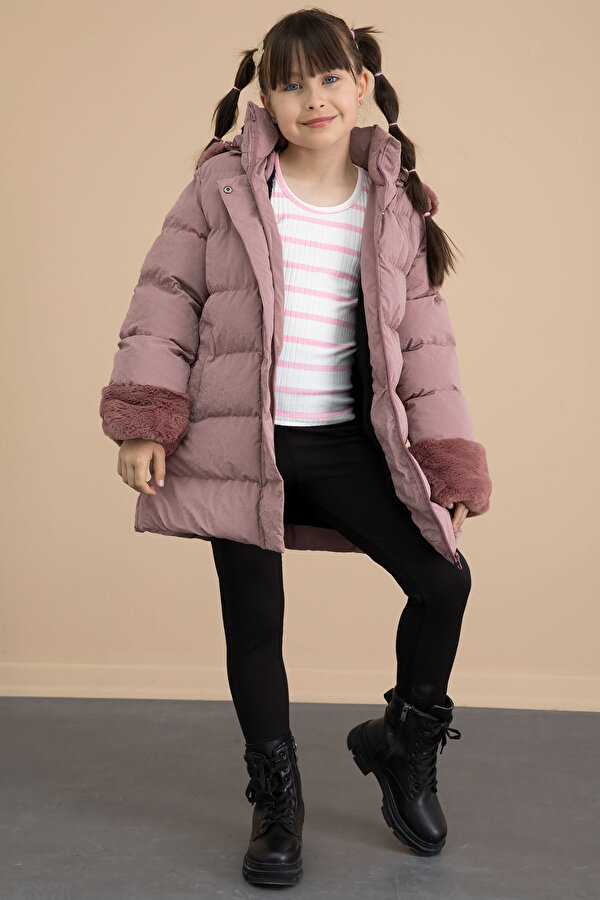 Cansın Mini Pembe Kolu Kürk Detaylı İçi Yünlü Kız Çocuk Kapüşonlu Şişme Mont 21329