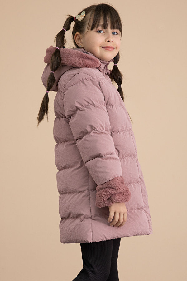 Cansın Mini Pembe Kolu Kürk Detaylı İçi Yünlü Kız Çocuk Kapüşonlu Şişme Mont 21329