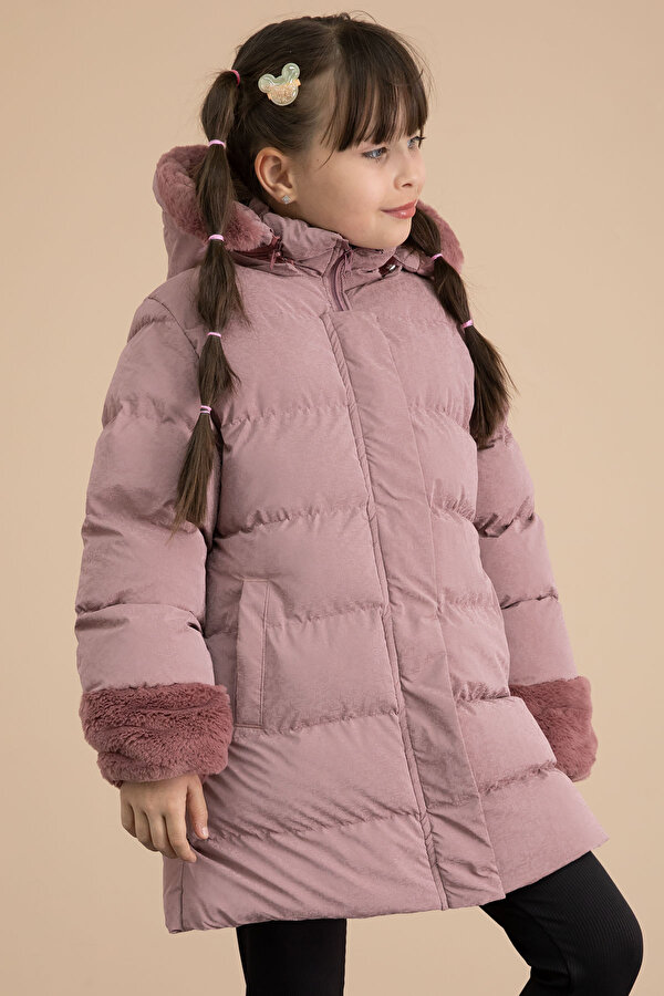 Cansın Mini Pembe Kolu Kürk Detaylı İçi Yünlü Kız Çocuk Kapüşonlu Şişme Mont 21329