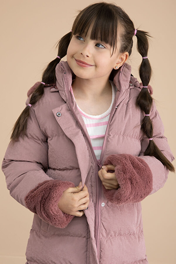 Cansın Mini Pembe Kolu Kürk Detaylı İçi Yünlü Kız Çocuk Kapüşonlu Şişme Mont 21329