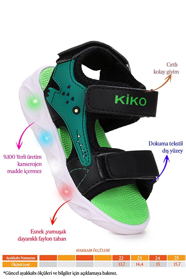 Kiko Kids Arnı Günlük Işıklı Cırtlı Erkek Bebek Sandalet Ayakkabı Siyah