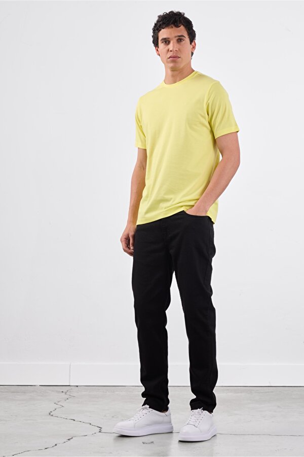 Dufy Sarı Bisiklet Yaka Pamuklu Düz Renk Slim Fit Erkek T-shirt