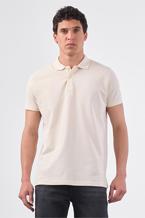 Ekru Polo Yaka Pamuklu Düz Renk Slim Fit Erkek T-shirt