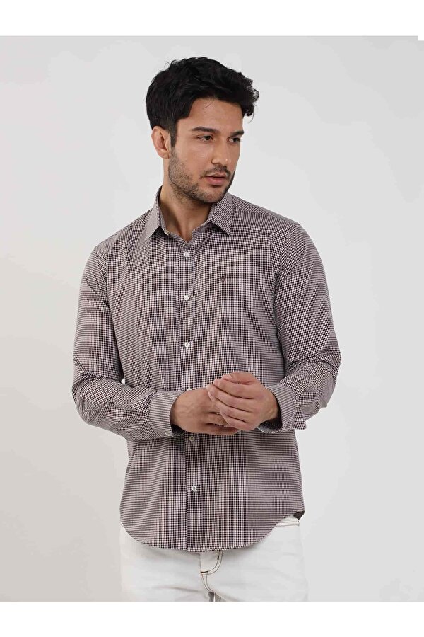 Kahverengi Erkek Slim Fit Puantiyeli Brent Yaka Uzun Kol Gömlek