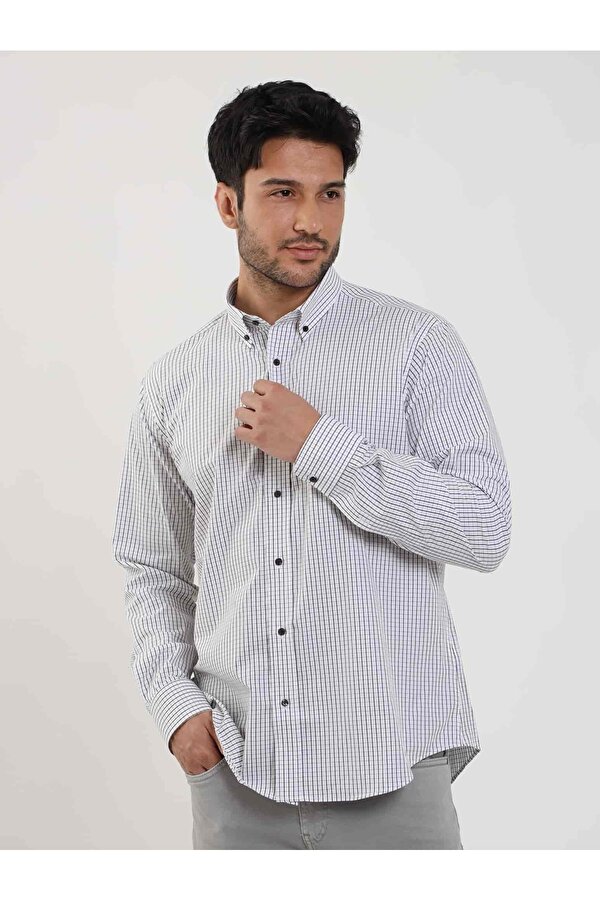 Dufy Beyaz Erkek Regular Fit Kareli Düğmeli Yaka Uzun Kol Gömlek