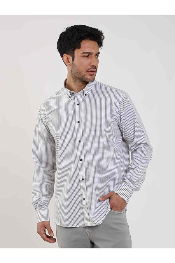 Dufy Beyaz Erkek Regular Fit Kareli Düğmeli Yaka Uzun Kol Gömlek
