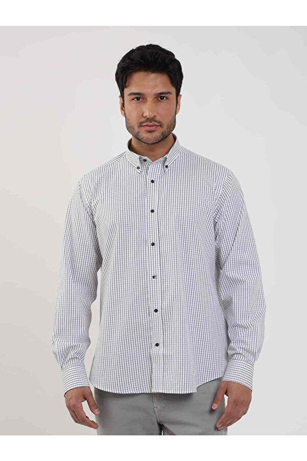 Dufy Beyaz Erkek Regular Fit Kareli Düğmeli Yaka Uzun Kol Gömlek