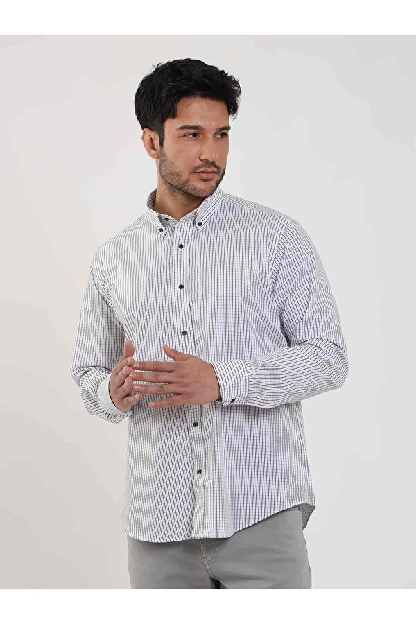 Dufy Beyaz Erkek Regular Fit Kareli Düğmeli Yaka Uzun Kol Gömlek