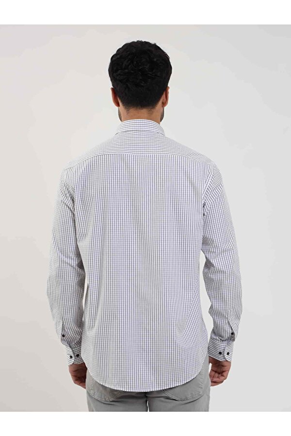 Dufy Beyaz Erkek Regular Fit Kareli Düğmeli Yaka Uzun Kol Gömlek