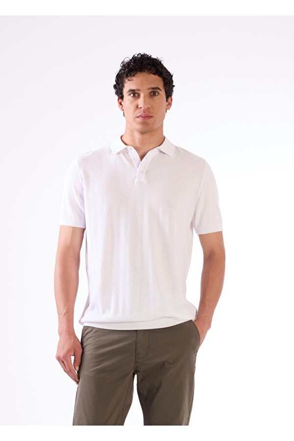 Beyaz Polo Düğme Yaka Düz Renk Slim Fit Erkek Triko