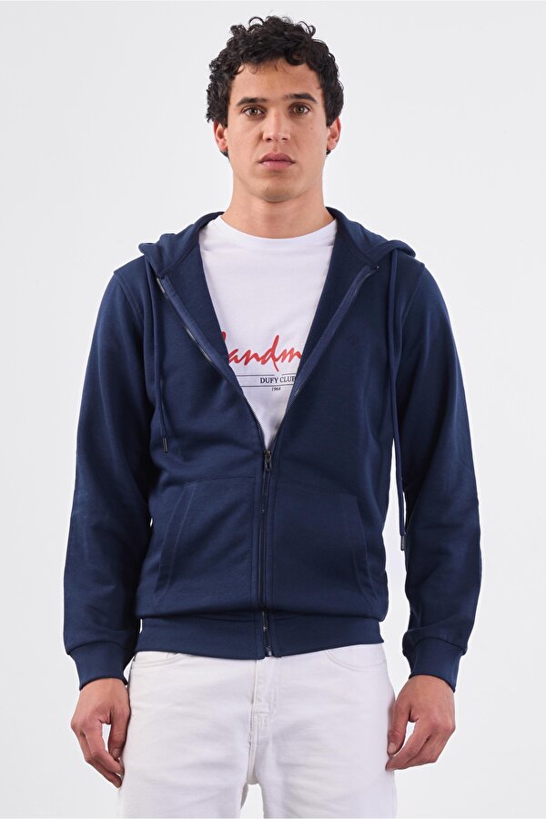 Lacivert Fermuar Kapamalı Kapüşonlu Erkek Regular Fit Sweatshirt