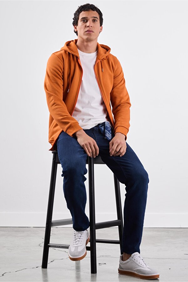 Kiremit Fermuar Kapamalı Kapüşonlu Erkek Regular Fit Sweatshirt