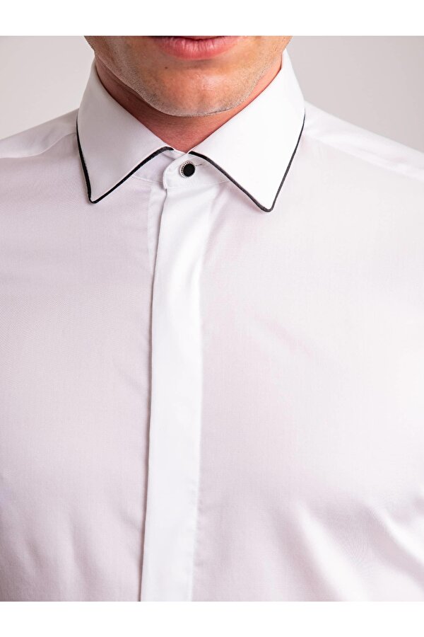 Dufy Beyaz Erkek Slim Fit Düz Brent Yaka Uzun Kol Gömlek - 60895