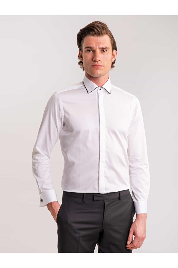 Dufy Beyaz Erkek Slim Fit Düz Brent Yaka Uzun Kol Gömlek - 60895