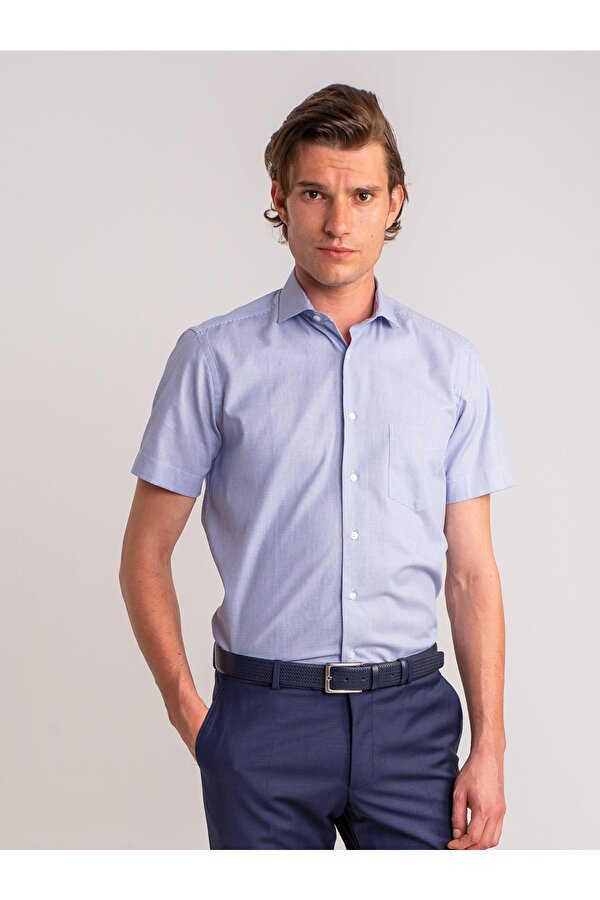 Dufy Mavi Erkek Regular Fit Armürlü Paul Yaka Kısa Kol Gömlek
