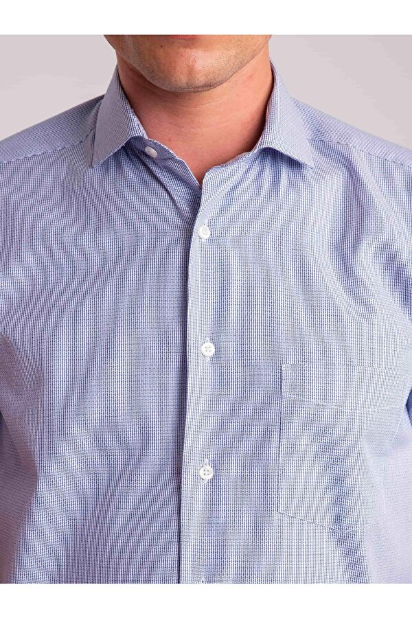 Dufy Mavi Erkek Regular Fit Armürlü Paul Yaka Kısa Kol Gömlek