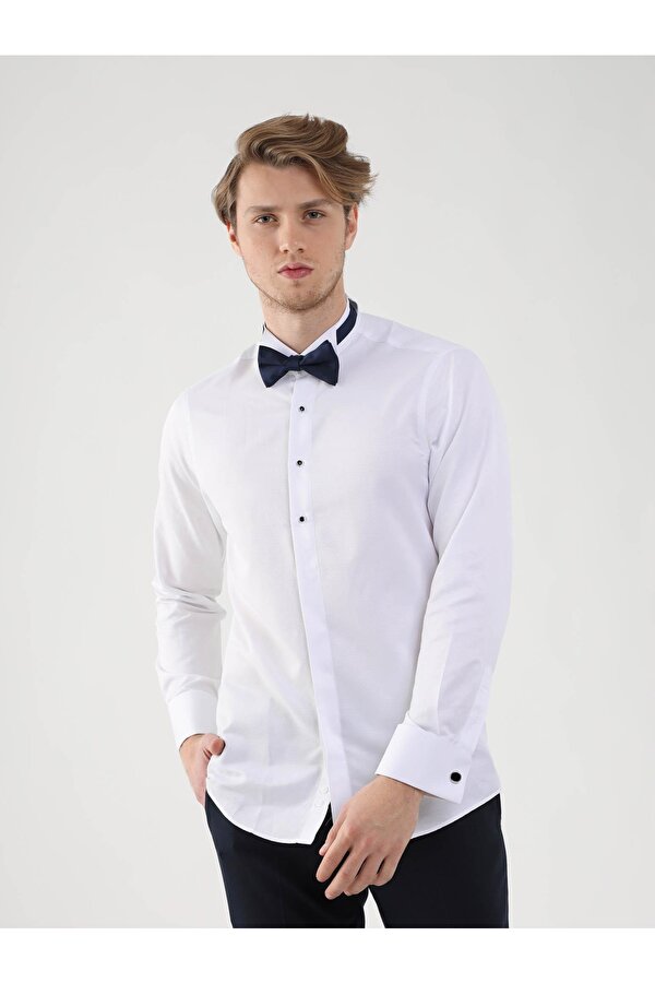 Dufy Beyaz Erkek Slim Fit Desenli Ata Yaka Duble Manşetli Kol Gömlek