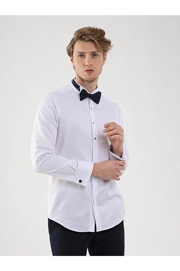 Dufy Beyaz Erkek Slim Fit Desenli Ata Yaka Duble Manşetli Kol Gömlek