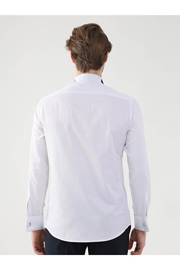 Dufy Beyaz Erkek Slim Fit Desenli Ata Yaka Duble Manşetli Kol Gömlek
