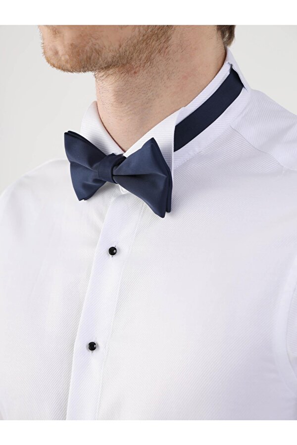 Dufy Beyaz Erkek Slim Fit Desenli Ata Yaka Duble Manşetli Kol Gömlek