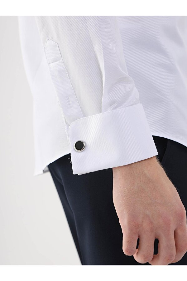 Dufy Beyaz Erkek Slim Fit Desenli Ata Yaka Duble Manşetli Kol Gömlek