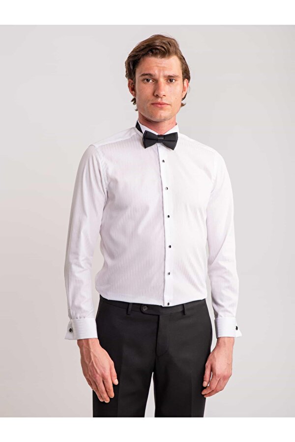 Dufy Beyaz Erkek Slim Fit Çizgili Ata Yaka Uzun Kol Gömlek