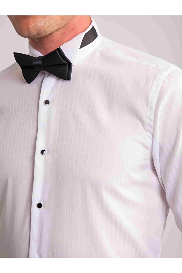 Dufy Beyaz Erkek Slim Fit Çizgili Ata Yaka Uzun Kol Gömlek