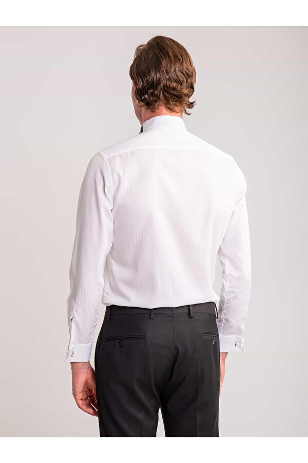 Dufy Beyaz Erkek Slim Fit Çizgili Ata Yaka Uzun Kol Gömlek
