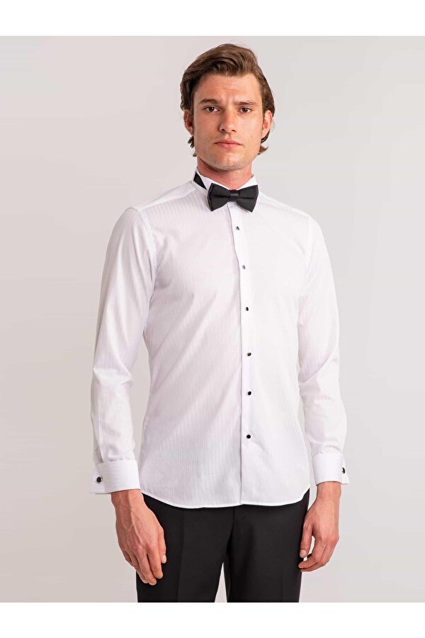 Dufy Beyaz Erkek Slim Fit Çizgili Ata Yaka Uzun Kol Gömlek