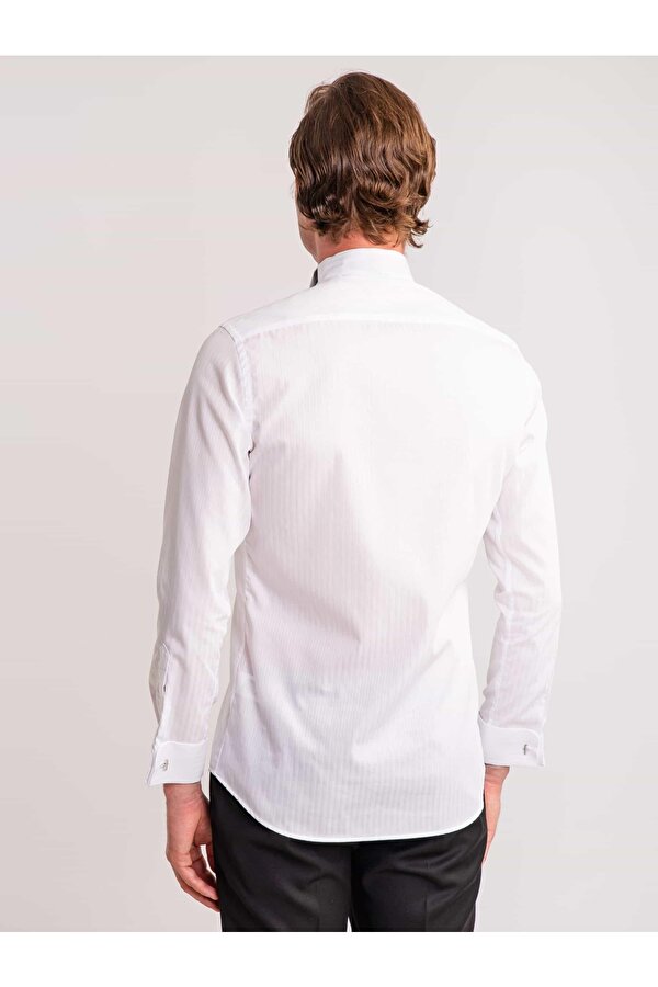 Dufy Beyaz Erkek Slim Fit Çizgili Ata Yaka Uzun Kol Gömlek