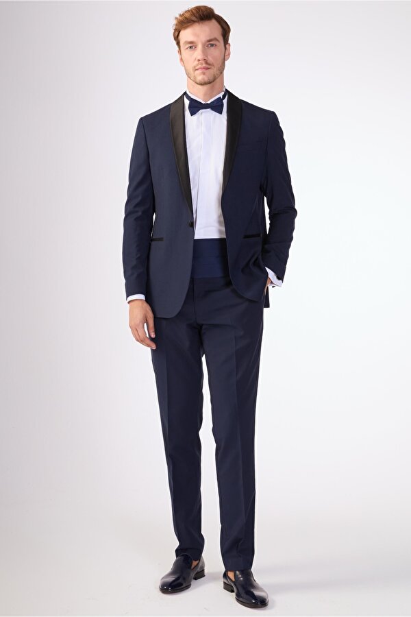 Dufy Lacivert Erkek Modern Fit Çizgili Şal Yaka Smokin Takım