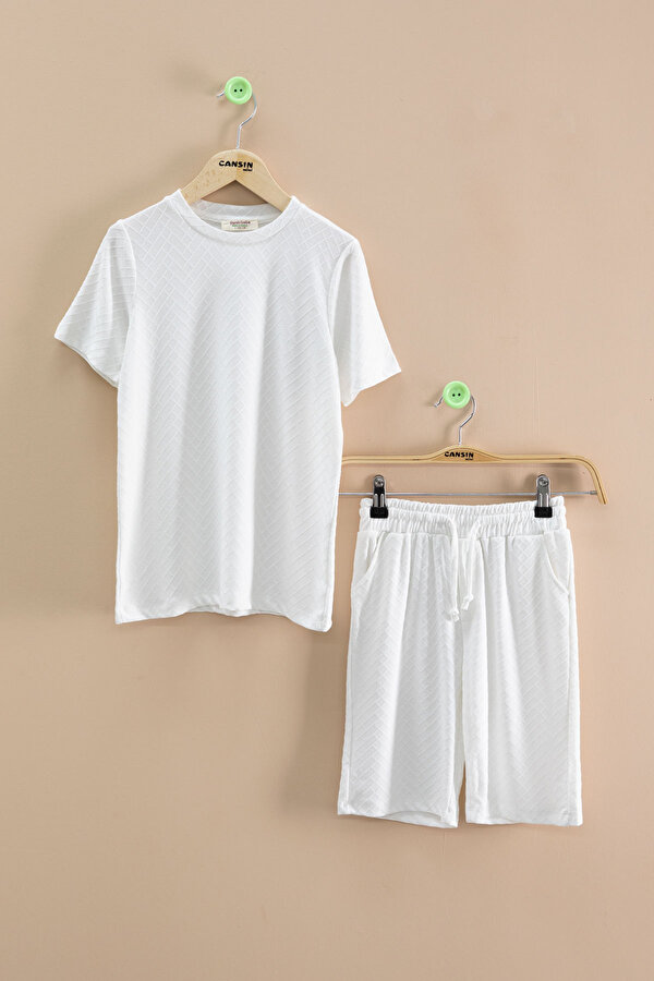Cansın Mini Ekru Çizgi Desenli Bisiklet Yaka Tişörtlü Erkek Çocuk Şortlu Takım 20787