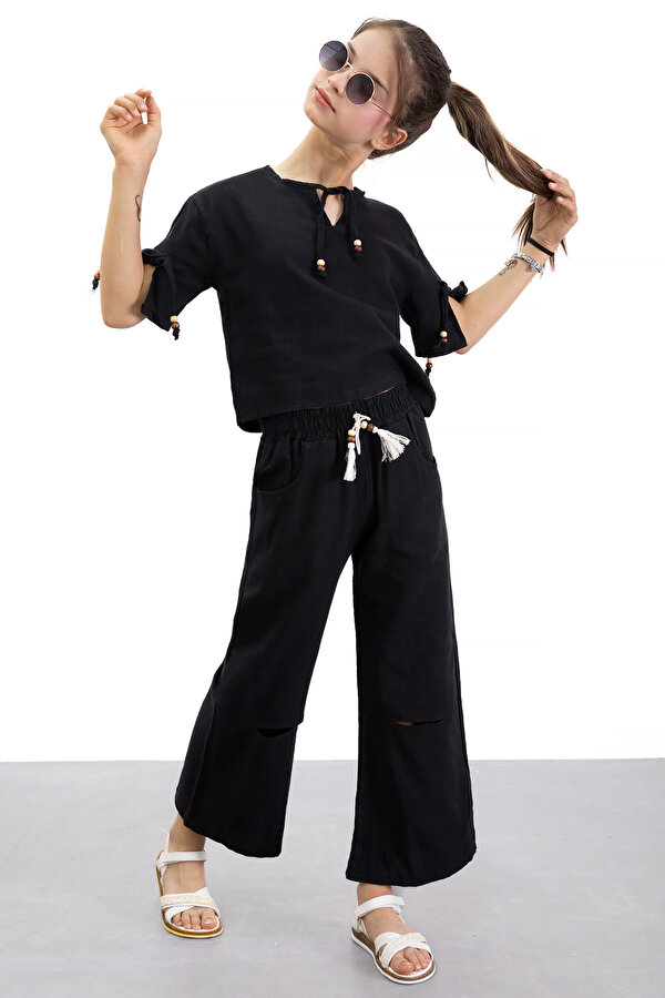 Cansın Mini Siyah Boyundan Bağlamalı Tişörtlü Kız Çocuk Pantolonlu 2li Takım 21186