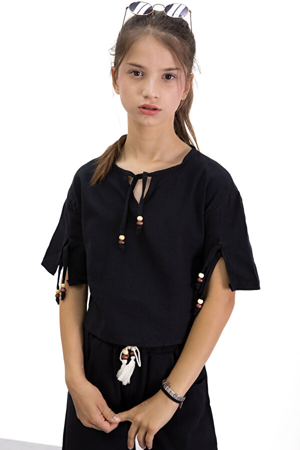 Cansın Mini Siyah Boyundan Bağlamalı Tişörtlü Kız Çocuk Pantolonlu 2li Takım 21186