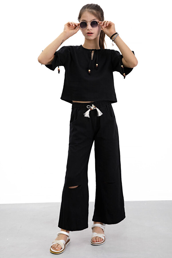 Cansın Mini Siyah Boyundan Bağlamalı Tişörtlü Kız Çocuk Pantolonlu 2li Takım 21186