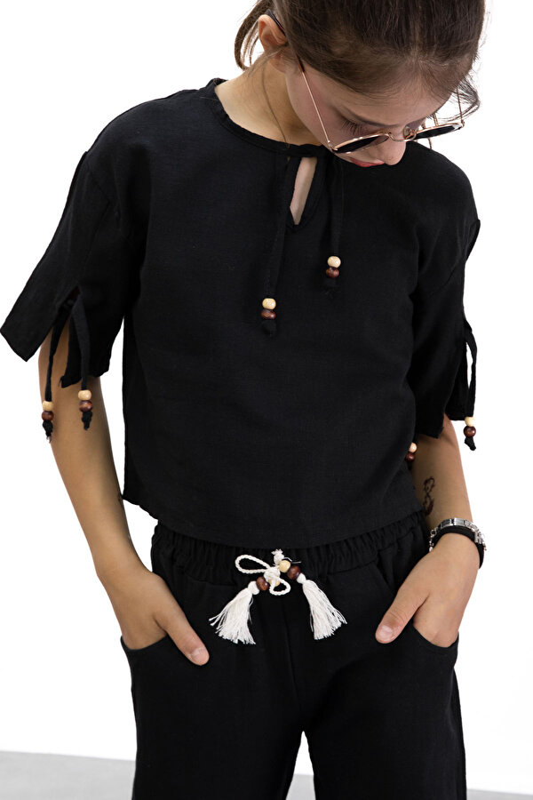 Cansın Mini Siyah Boyundan Bağlamalı Tişörtlü Kız Çocuk Pantolonlu 2li Takım 21186