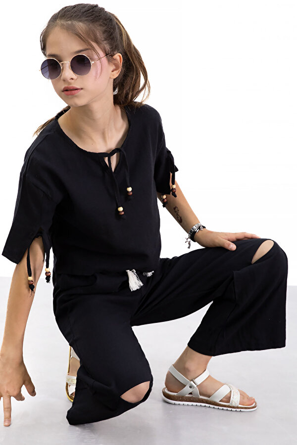 Cansın Mini Siyah Boyundan Bağlamalı Tişörtlü Kız Çocuk Pantolonlu 2li Takım 21186