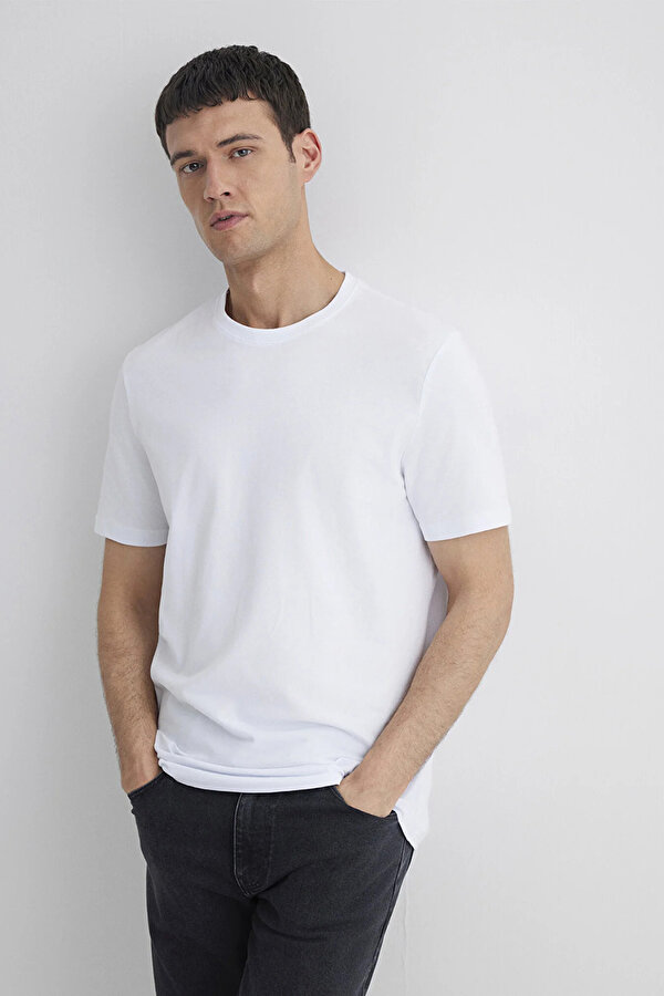 Mavi Erkek Bisiklet Yaka Pamuklu Basıc T-Shirt M0610252-620 Beyaz