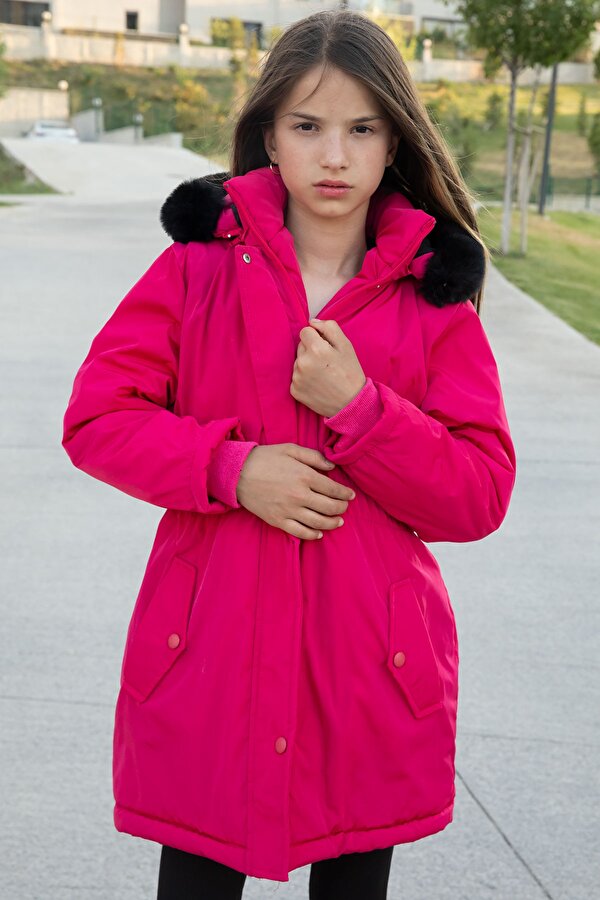 Cansın Mini Pembe Çıtçıtlı Cepli Esnek Bel İçi Kürklü Kız Çocuk Kapüşonlu Mont 21307