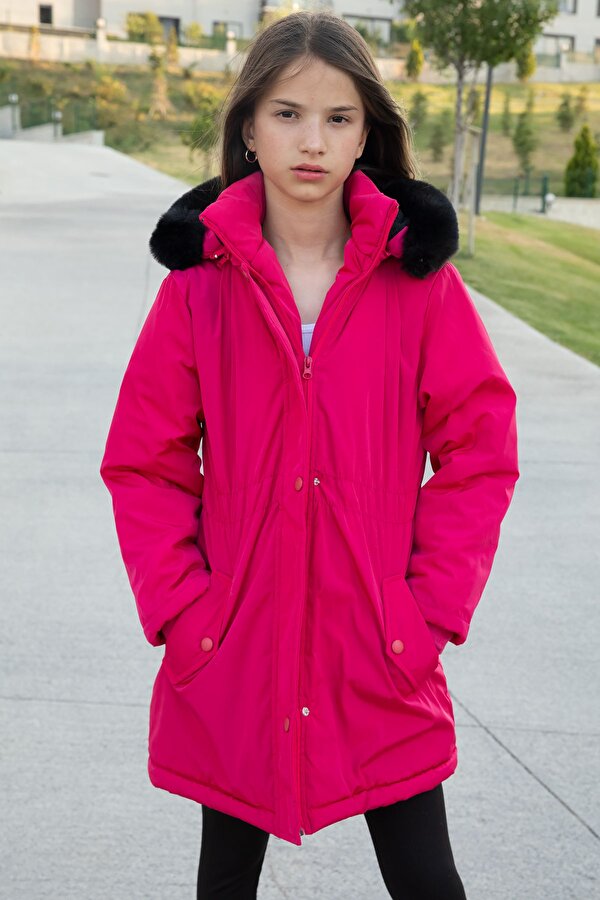 Cansın Mini Pembe Çıtçıtlı Cepli Esnek Bel İçi Kürklü Kız Çocuk Kapüşonlu Mont 21307