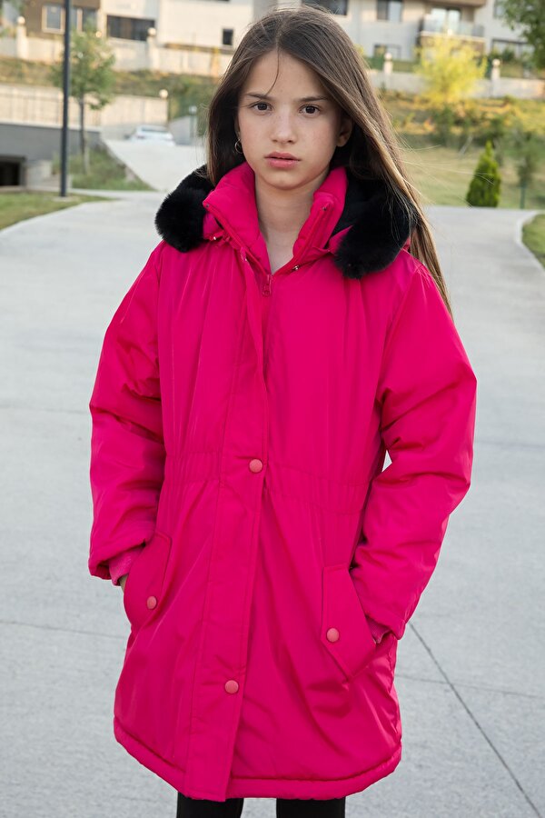 Cansın Mini Pembe Çıtçıtlı Cepli Esnek Bel İçi Kürklü Kız Çocuk Kapüşonlu Mont 21307