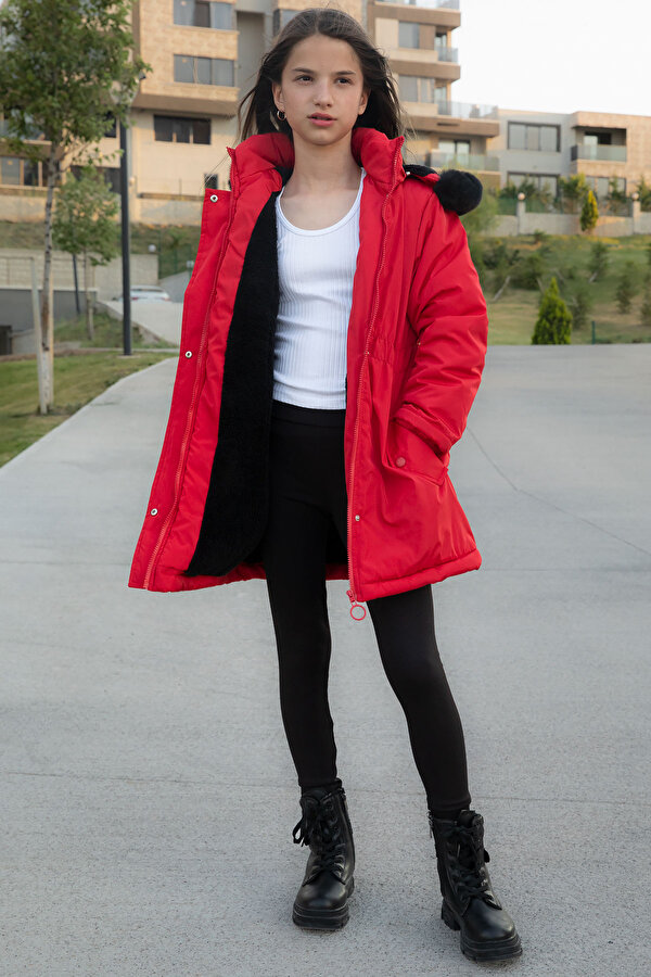 Cansın Mini Kırmızı Çıtçıtlı Cepli Esnek Bel İçi Kürklü Kız Çocuk Kapüşonlu Mont 21305