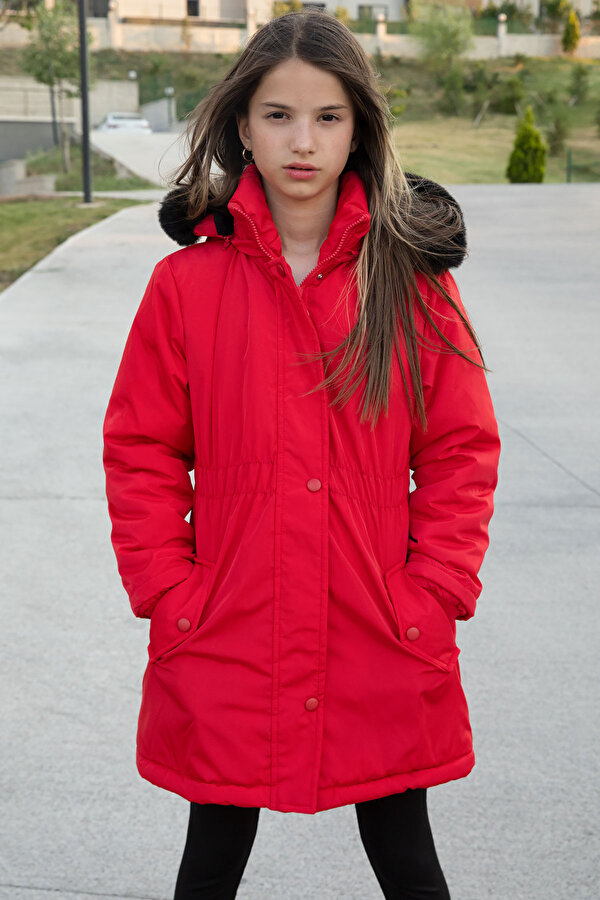 Cansın Mini Kırmızı Çıtçıtlı Cepli Esnek Bel İçi Kürklü Kız Çocuk Kapüşonlu Mont 21305