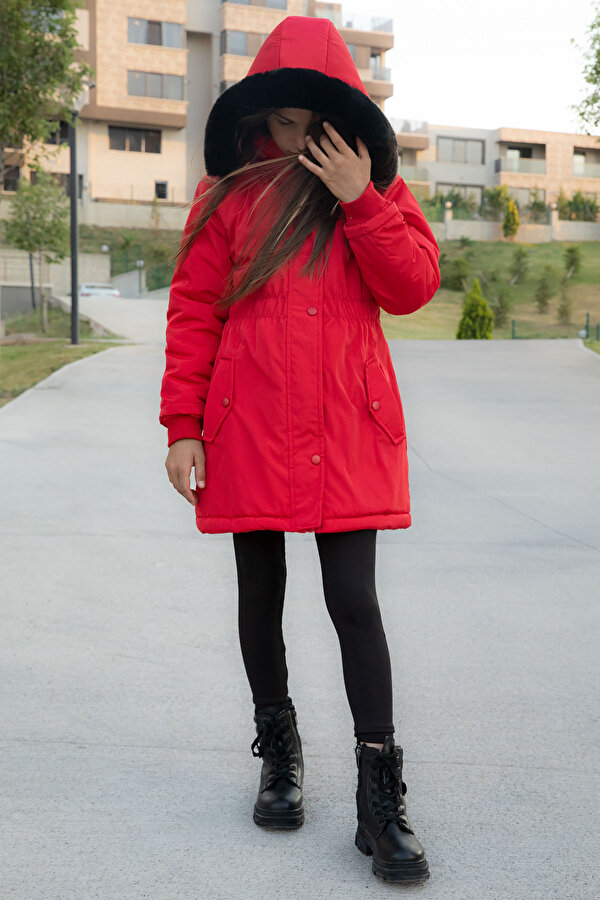 Cansın Mini Kırmızı Çıtçıtlı Cepli Esnek Bel İçi Kürklü Kız Çocuk Kapüşonlu Mont 21305