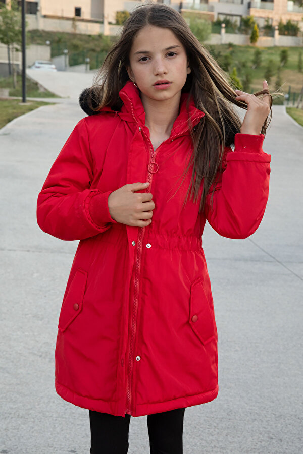 Cansın Mini Kırmızı Çıtçıtlı Cepli Esnek Bel İçi Kürklü Kız Çocuk Kapüşonlu Mont 21305