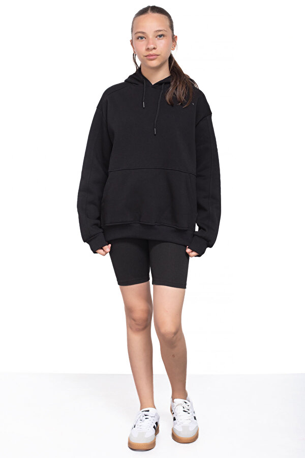 Siyah Kanguru Cepli Basic Şardonlu Kız Çocuk Kapüşonlu Sweatshirt 21207