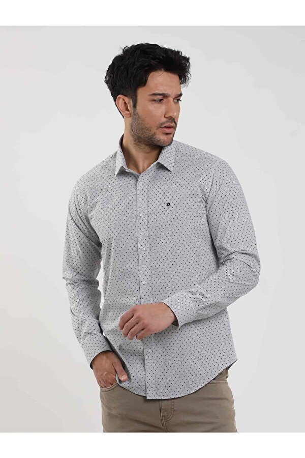 Siyah Erkek Slim Fit Pitikare Desenli Brent Yaka Uzun Kol Gömlek