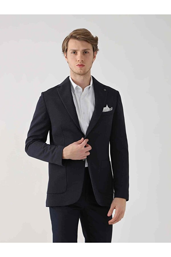 Dufy Lacivert Erkek Slim Fit Armürlü  Mono Yaka Ceket - 95392